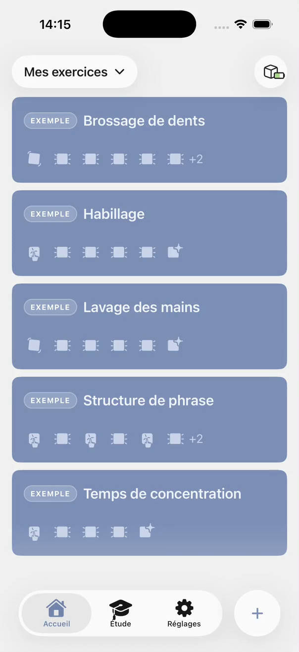L'état du cube et sa batterie apparaissent dans le cercle clair en haut à droite de l'application LittleCubes. Le reste de l'écran est assombri.