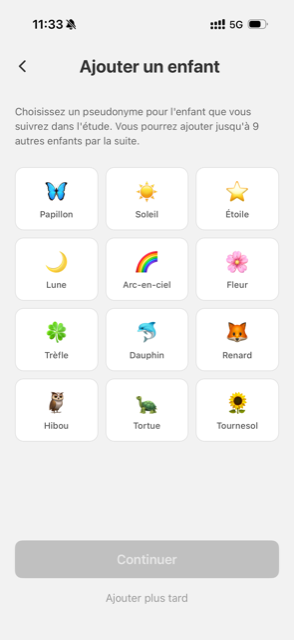 Choix d'un pseudonyme pour l'enfant dans l'application