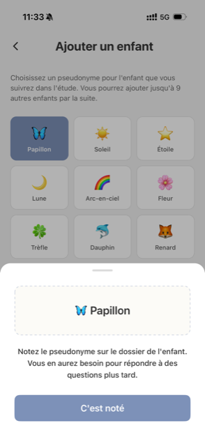Confirmation du pseudonyme Papillon dans l'application